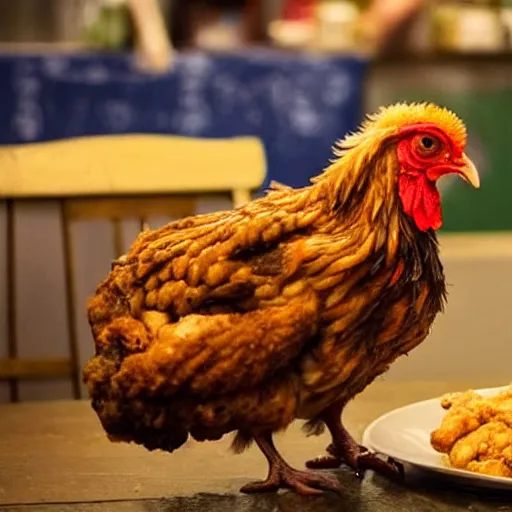 Prompt: an offended chicken staring at a fried chicken dinner