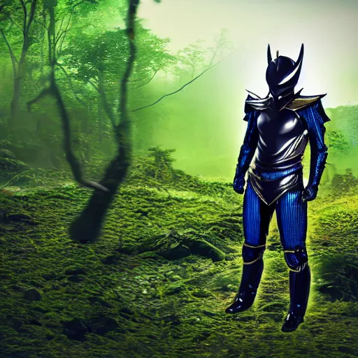 Image similar to High Fantasy Kamen Rider, glowing eyes, 4k, forest plains of north yorkshire, daytime, chainmail rubber undersuit, segmented armor, dark blue armor with green secondary color, tokusatsu