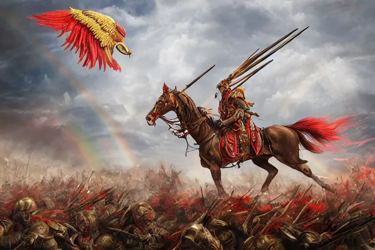 Image similar to Majestic powerfull red white Winged Hussars cavalry horde charging at ugly rainbow demons and trolls on ground, huge golden cross above them on the sky, white red eagle helping hussars, blood, snow, wide angle, professional kodak lenses, magic, fire, face painting, dramatic lighting, intricate, wild, highly detailed, digital painting, artstation, concept art, smooth, sharp focus, illustration, art by artgerm and greg rutkowski and alphonse mucha, footage from space camera