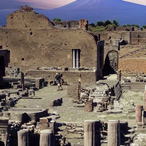 Prompt: photoreal image of pompeii just before the volcano explodes