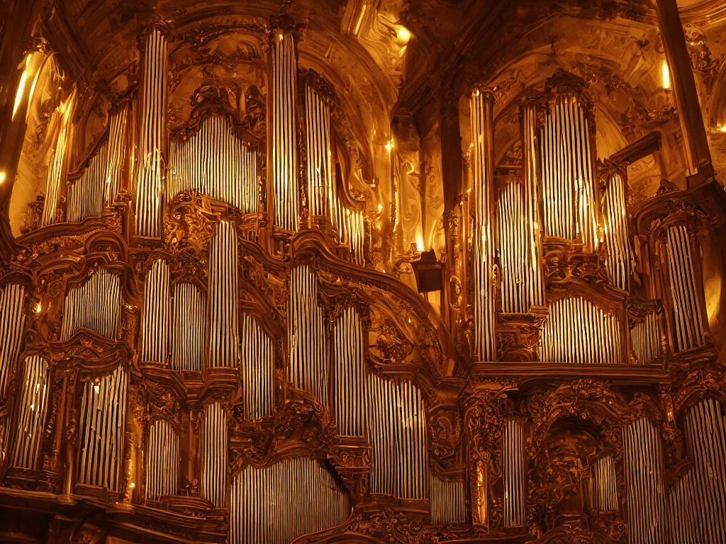 Image similar to hyper realistic photo of a luxury pipe organ interior volumetric lights designed by alan lee