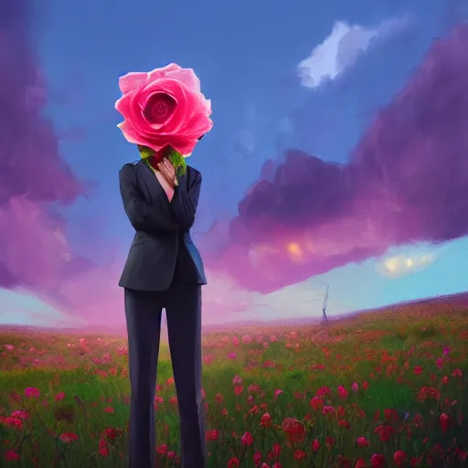 Prompt: closeup, giant rose flower on the head, frontal, girl in a suit, surreal photography, sunrise, blue sky, dramatic light, impressionist painting, digital painting, artstation, simon stalenhag