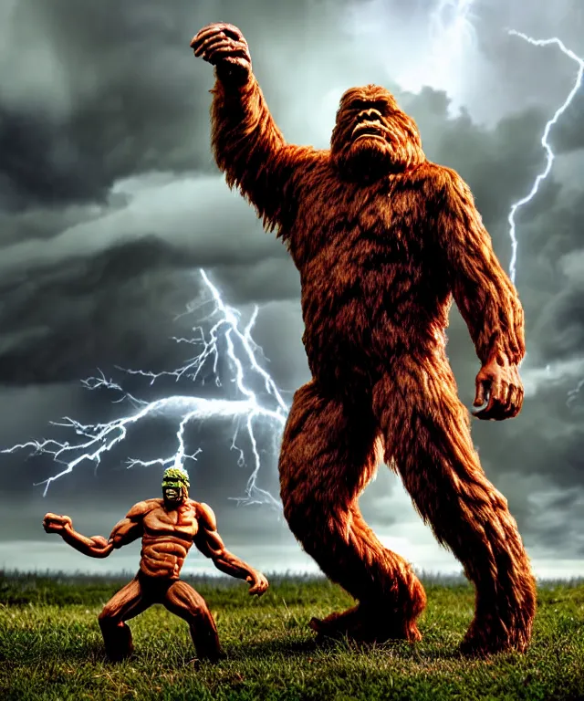 Prompt: hyperrealistic rendering, epic boss battle, bigfoot sasquatch, by art of skinner and richard corben, product photography, collectible action figure, sofubi, hottoys, storm clouds, outside, lightning