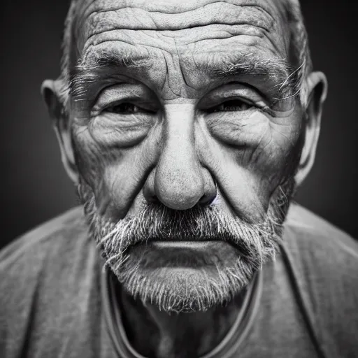 Prompt: symmetrical, close up face portrait of old man, scowling, studio lighting, depth of field, photography, black and white, highly detailed