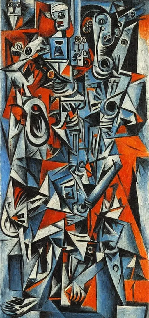 Prompt: a painting of a robot with 7 heads destroying the city, azimov, picasso