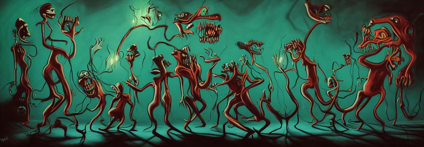 Image similar to visceral freaky obsessive monsters from the darkest depths of collective unconscious, dramatic glowing lighting, 1 9 3 0 s fleischer cartoon characters, wild emotional expressions - surreal painting by ronny khalil