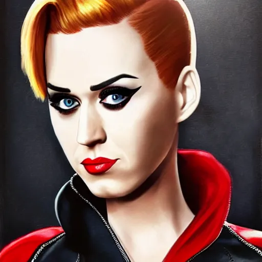 Image similar to katy perry as black widow in the avengers, portrait, very detailed face