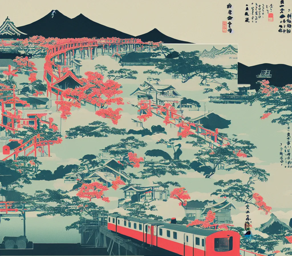 Image similar to seaside landscape train rural japan, a collage painting, in the style of wes anderson, lola dupre, david hockney, isolated on negative white space background dark monochrome fluorescent neon spraypaint accents volumetric octane render