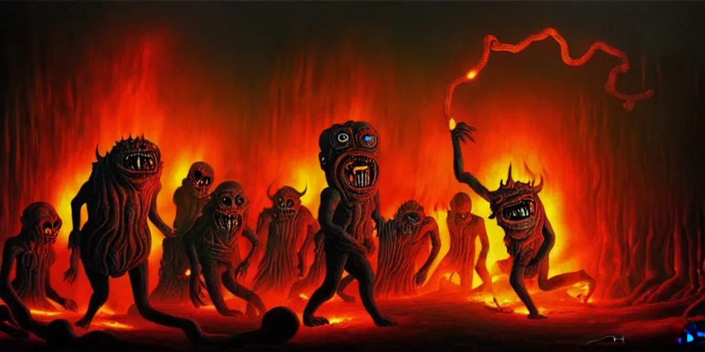 Prompt: repressed emotion creatures and monsters at the mouth of hell, dramatic lighting glow from giant fire, attempting to escape and start a revolution, in a dark surreal painting by ronny khalil