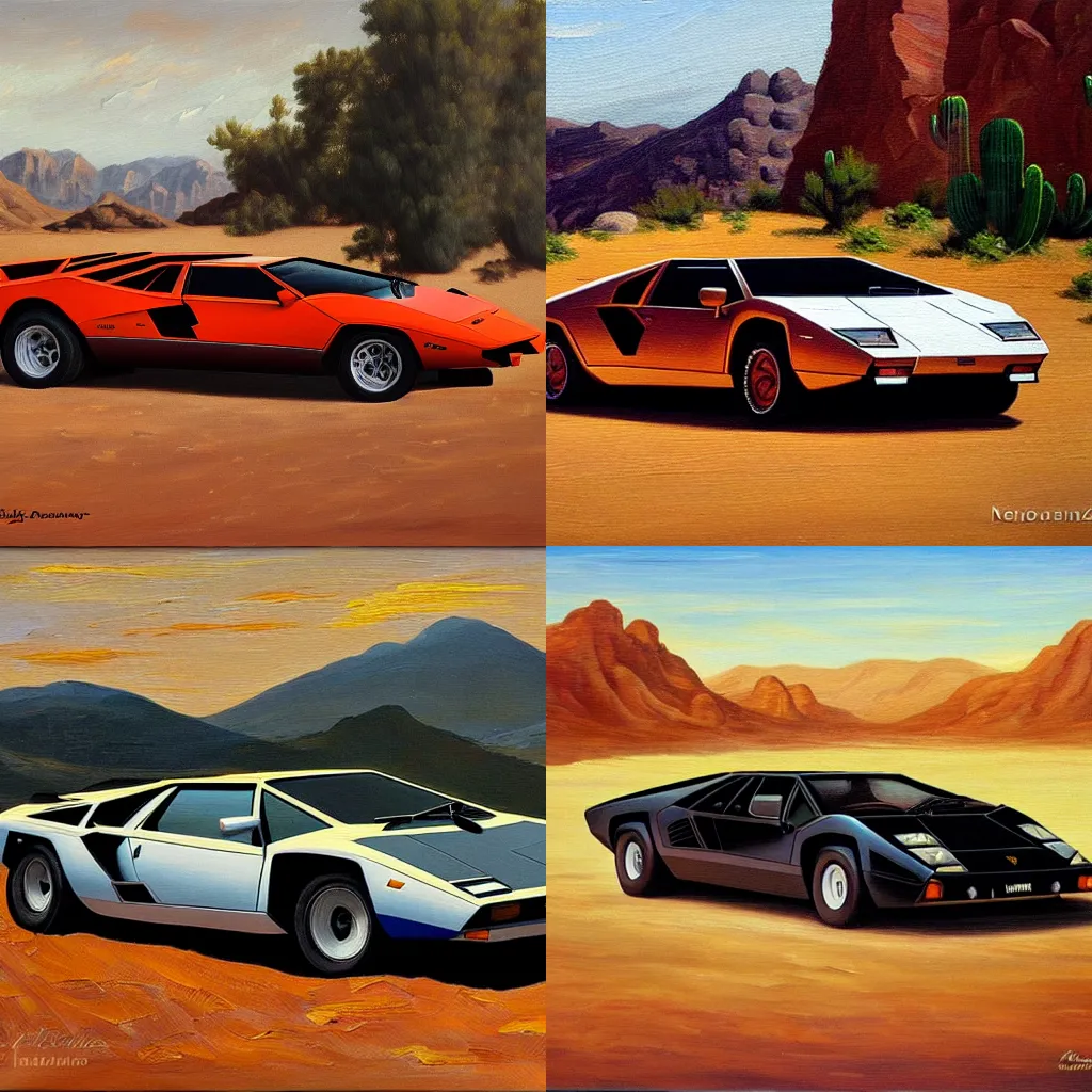 Prompt: Lamborghini Countach in the Arizona desert, oil painting in the style of neoclassicalism