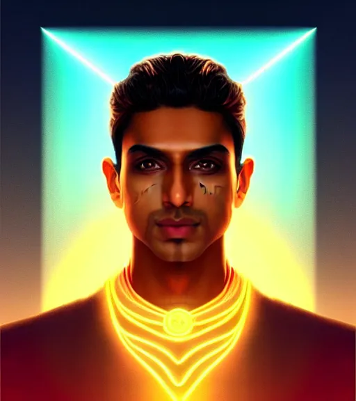 Image similar to symmetry!! indian prince of technology, solid cube of light, hard edges, product render retro - futuristic poster scifi, lasers and neon circuits, brown skin handsome indian prince, intricate, elegant, highly detailed, digital painting, artstation, concept art, smooth, sharp focus, illustration, dreamlike, art by artgerm