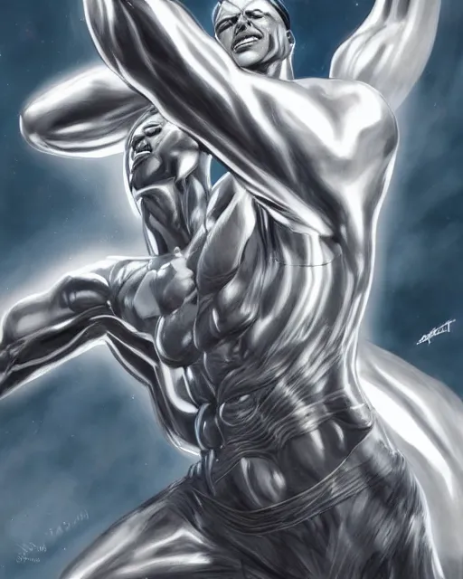 Prompt: Tom Cruise the silver surfer, fantasy art, in the style of artgerm, illustration, epic, fantasy, intricate, hyper detailed, artstation, concept art, smooth, sharp focus, ray tracing, vibrant, photorealistic