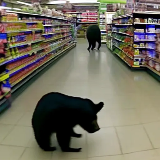 Prompt: beautiful grainy, blurry CCTV footage of a bear inside a supermarket