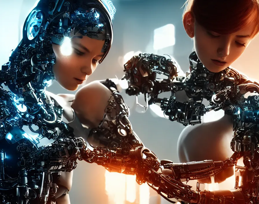 Prompt: a cyborg girl fixing her detached arm, cyberpunk, realistic fingers, realistic body, realistic clothing, beautiful texture, beautiful graphics, fantasy artwork, very beautiful scenery, hd, hdr, ue 5, ue 6, unreal engine 5, cinematic 4 k wallpaper, 8 k, ultra detailed