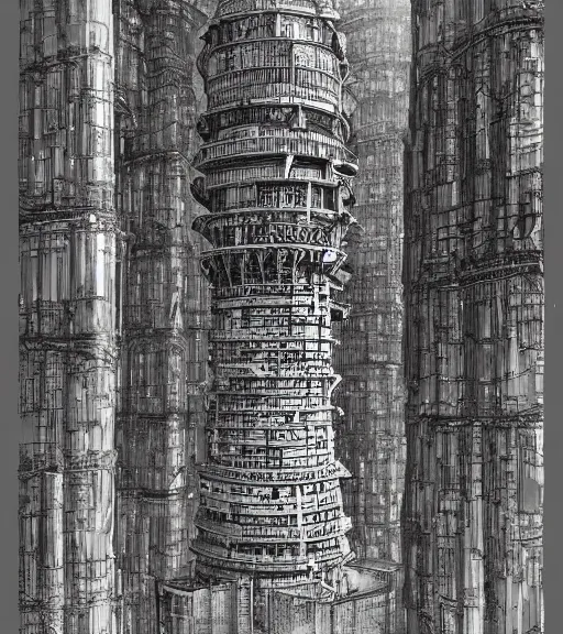 Prompt: tarkovsky, majestic ancient tower of babylon below a woman in transparent cyber clothing, hyperrealistic, blame manga, full color, manga style, by tsutomu nihei, cyber architecture, intricate, illustration, concept art, hyper - detailed, smooth, masterpiece, epic, cinematic, high quality