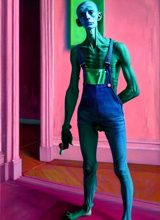 Prompt: a skinny, starving artist wearing overalls, painting the walls inside a grand ornate cathedral, hauntingly surreal, highly detailed painting by francis bacon, edward hopper, adrian ghenie, gerhard richter, and james jean, soft light 4 k in pink, green and blue colour palette