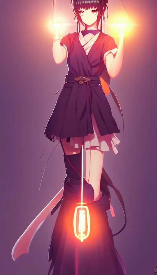 Image similar to beautiful anime girl holding a light source inside her hand, wearing samurai armor, expert high detail concept art, character design, perfect proportions defined faces, vivid colors, photorealistic shaded lighting poster ilya kuvshinov, katsuhiro, makoto shinkai, wlop, loish and clamp style, trending on artstation, best selling artist