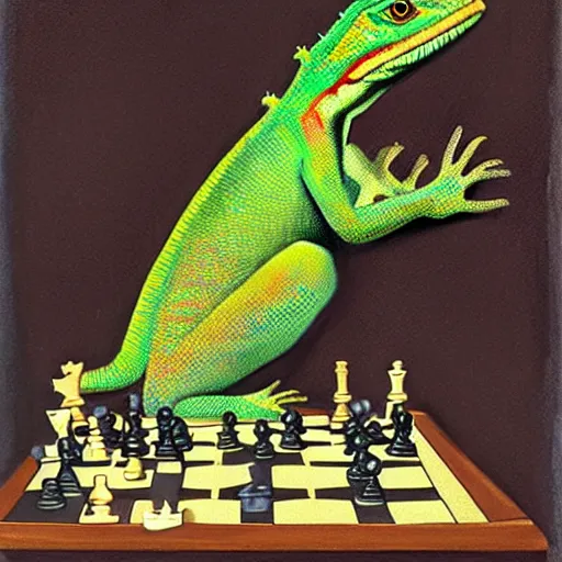 Prompt: lizard playing chess, classic painting