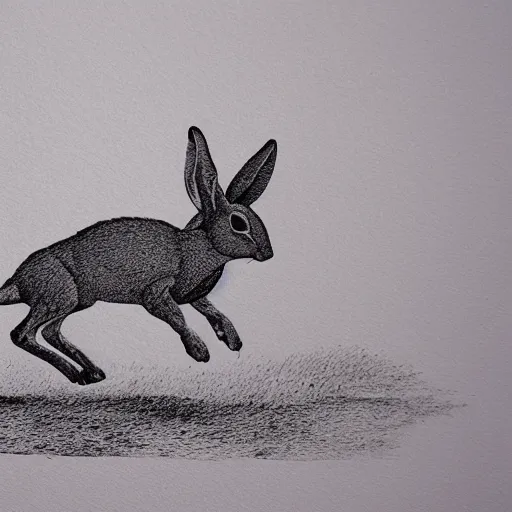 Prompt: bold etching of a jackrabbit running downward