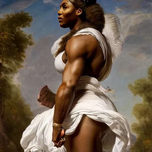 Image similar to Portrait of Serena Williams as Nike Goddess, large wings, luxuriant, dreamy, eternity, romantic, strong pose, highly detailed, in the style of Franz Xaver Winterhalter, highly detailed, in the style of Aetherpunk