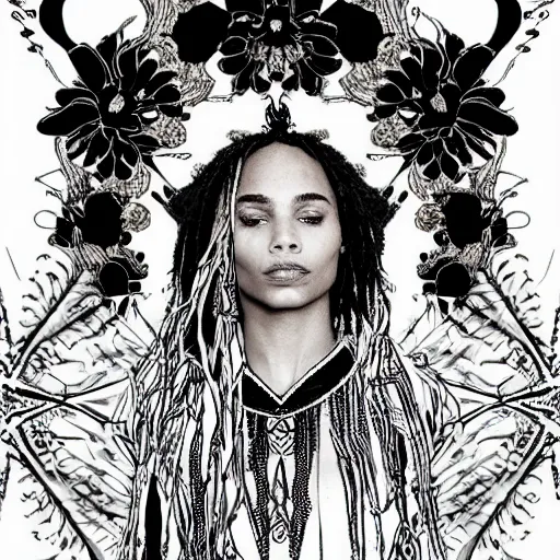 Image similar to black and white pen and ink!!!!!!! sorcerer beautiful attractive long hair Zoë Kravitz wearing High Royal flower print robes flaming!!!! final form flowing ritual royal!!! Contemplative stance Vagabond!!!!!!!! floating magic witch!!!! glides through a beautiful!!!!!!! Camellia!!!! Tsubaki!!! death-flower!!!! battlefield behind!!!! dramatic esoteric!!!!!! Long hair flowing dancing illustrated in high detail!!!!!!!! by Hiroya Oku!!!!!!!!! graphic novel published on 2049 award winning!!!! full body portrait!!!!! action exposition manga panel black and white Shonen Jump issue by David Lynch eraserhead and beautiful line art Hirohiko Araki!! Frank Miller, Kentaro Miura!, Jojo's Bizzare Adventure!!!! 3 sequential art golden ratio technical perspective panels horizontal per page