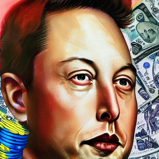 Image similar to painting of Elon Musk swimming in money and gold