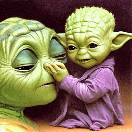 Prompt: baby groot sitting baby yoda in the style of william adolphe bouguereau