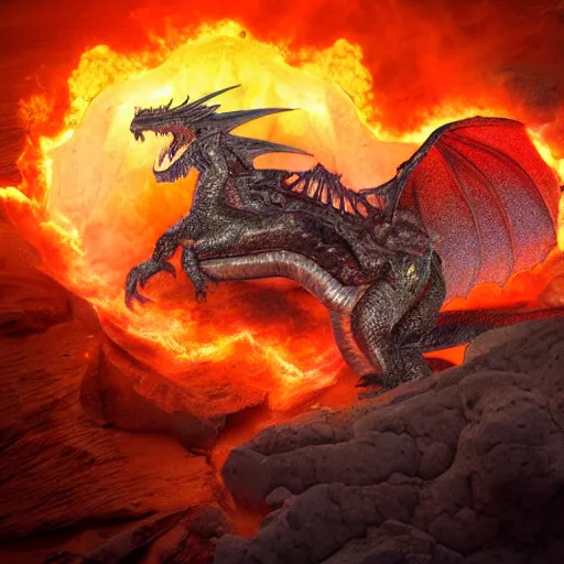 Image similar to photoshop of a mythological western fantasy dragon animal bathing in lava, cryptid, unexplained phenomena, drone photography