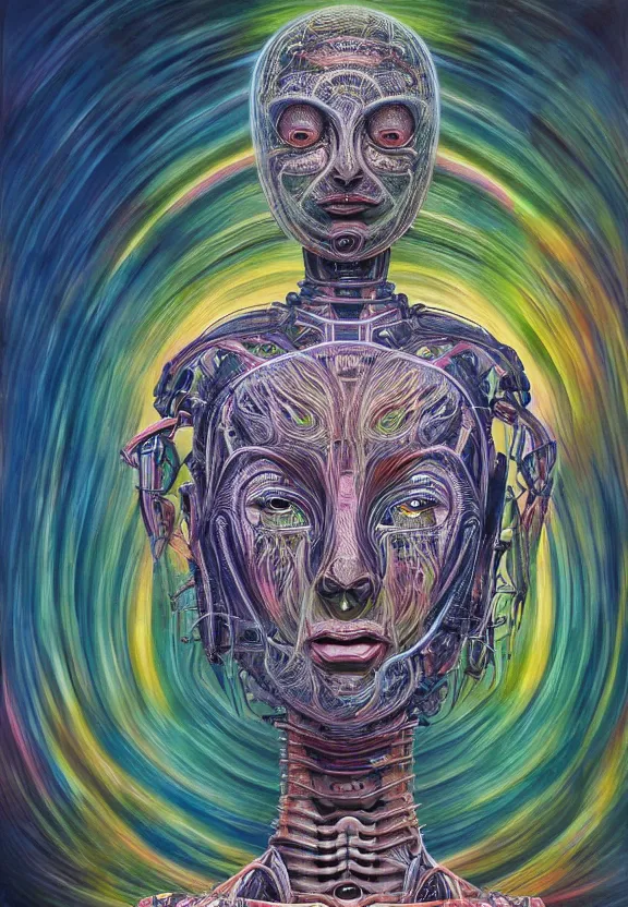 Image similar to perfectly centered portrait, front view of a beautiful biomechanical alien android robot buddha, female, flowing hair, intense stare, sarcastic smile, symmetrical, concept art, intricate detail, psychedelic colors, volumetric shadows and lighting, realistic oil painting by alex grey and h. r giger,