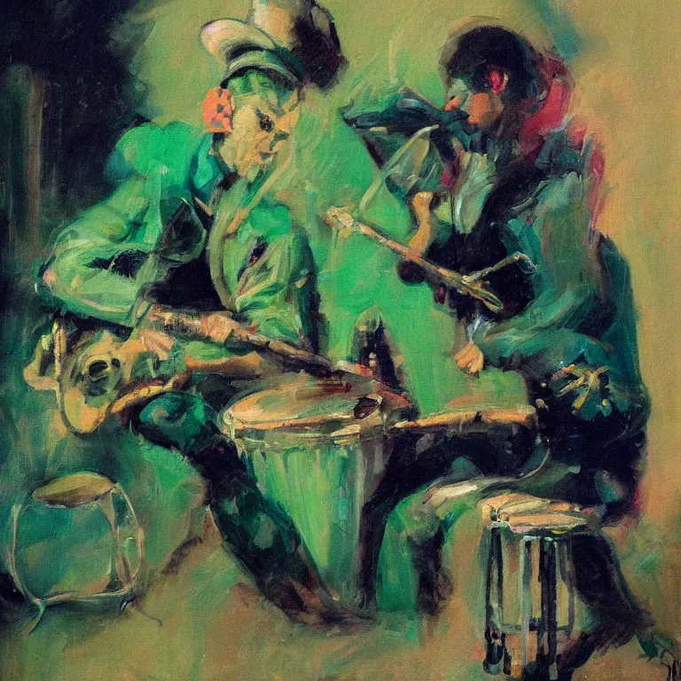 Image similar to a beautiful painting by dean cornwell of an octopus playing drums and telecaster guitar in a rock concert, dark background, green concert light, dark mood