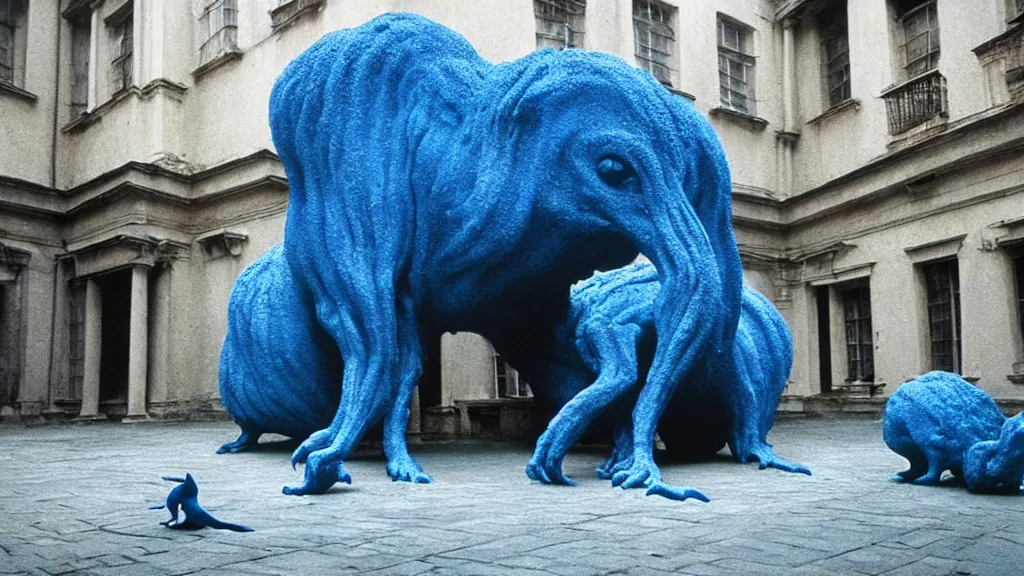 Image similar to the square creature in courtyard, made of blue liquid, surrounded by animals, film still from the movie directed by denis villeneuve and david cronenberg with art direction by salvador dali and zdzisław beksinski, wide lens