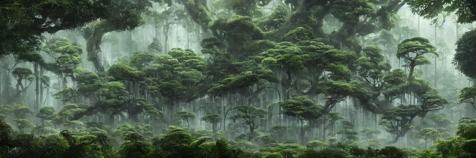 Prompt: A building inspired by Japanese Metabolism architecture deep in the rainforest. The building features the shape of a mycelium network. Intricate. Highly detailed. High majestic trees, marvelous nature. Sense of awe. Cinematic. Mist. Low angle wide shot. 8k. Digital painting in the style of Pascal Blanche and Craig Mullins