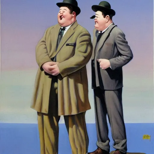 Image similar to Laurel and Hardy in hats are standing, looking into the distance. the man in the centre is facing the front, looking downwards at his stomach by Frank Kelly Freas