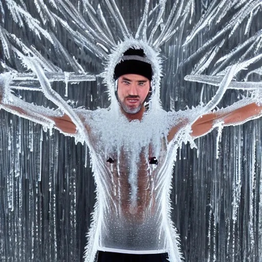 Image similar to ultra detailed photo of a man with many icey arms covering his entire body