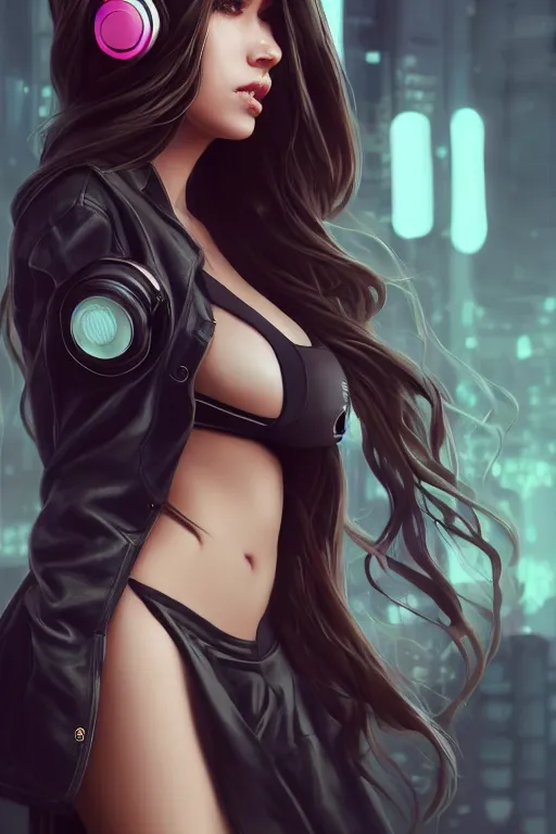 Prompt: beautiful full portrait of a girl, brunette curvy long hair, full - body shot, wearing cyberpunk headphones, streetwear, like a fashion model + high detailed, resolution beautifully detailed landscape trending on artstation 8 k, cinematic, epic detailed trending on artstation 8 k, by bukurote + krenz cushart + ryota - h + wlop