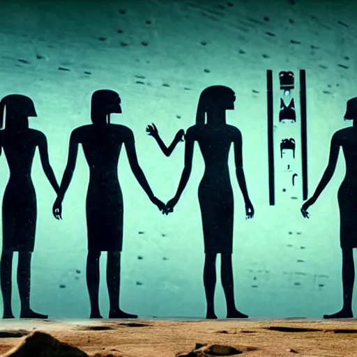 Image similar to realistic render of a group of aliens looking at hieroglyphs, cinematic lighting