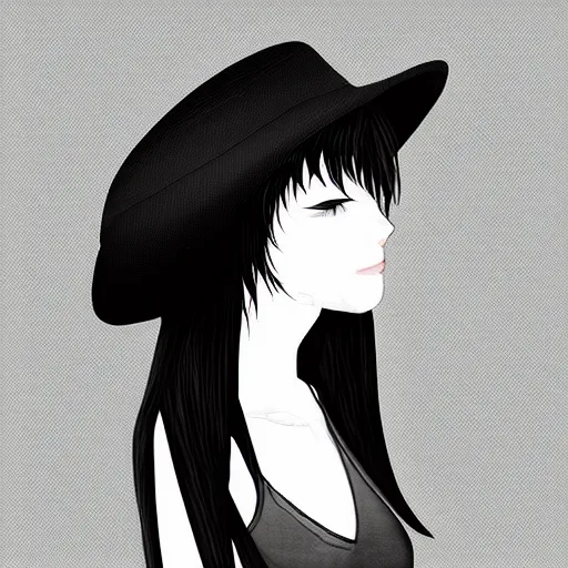 Prompt: highly detailed, teenage girl in a tall black hat with red strip, profile face, digital art, gray scale, anime style