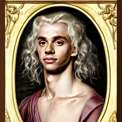 Image similar to beautiful portrait painting of Viserys Targaryen with long curly blond hair, delicate young man wearing a wispy pink silk dress smiling sleepily at the viewer, symmetrically parted curtain bangs, in love by Peter Paul Rubens and Seb Mckinnon