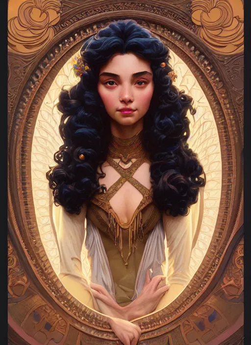 Image similar to portrait of disney esmeralda, intricate, elegant, highly detailed, my rendition, digital painting, artstation, concept art, smooth, sharp focus, illustration, art by artgerm and greg rutkowski and alphonse mucha and uang guangjian and gil elvgren and sachin teng, symmetry!!