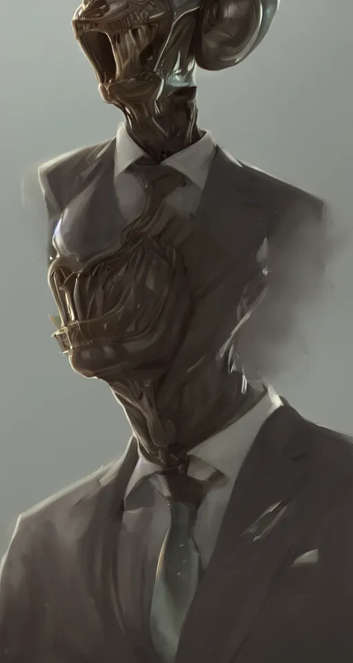 Image similar to portrait of a human like male alien wearing a suit, artstation, cgsociety