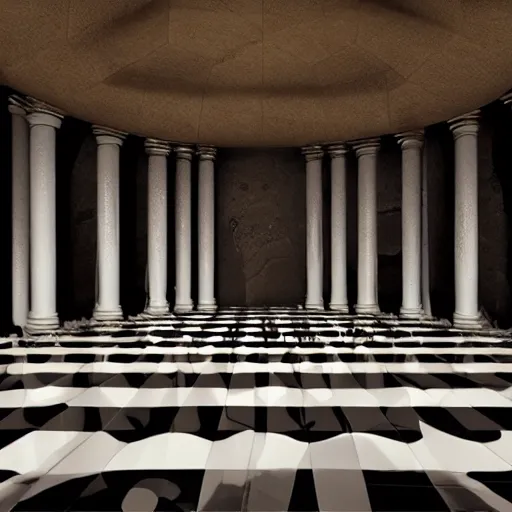 Prompt: nightcafe in hell, spiraling high, checkerboard walls, jonic pillars, hyperrealistic