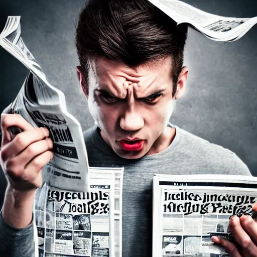 Image similar to professional photographic image of young angry man ripping newspapers, studio shot, dynamic lighting, high definition, highly detailed, photo-realistic, unreal engine render, 16k