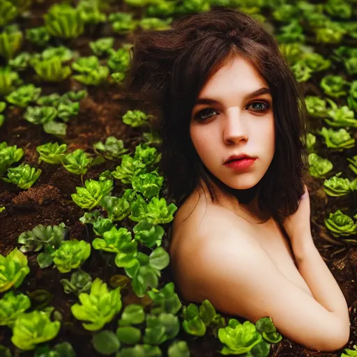 Image similar to a beautiful girl made out of plants, full body shot, 8 k, shallow depth of field, moody lighting, cinematic lighting,