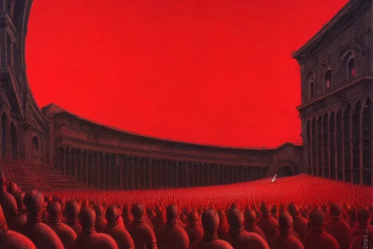 Image similar to only with red, a red great emperor, taormina amphitheatre, expressive crowd hails him, in the style of beksinski, parts by edward hopper, parts by rodcenko, parts by yue minjun, intricate and epic composition, red by caravaggio, insanely quality, highly detailed, masterpiece, red light, artstation, 4 k