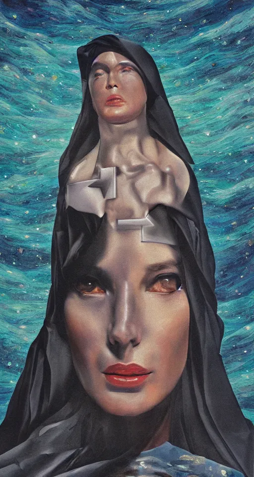 Prompt: hyperrealism oil painting, close-up portrait of american nun fashion model, melted cyborg, ocean pattern mixed with star sky, in style of classicism mixed with 70s japan book art