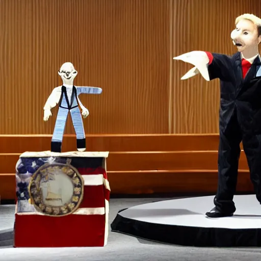 Prompt: crazy puppeteer using marionette of a president in a podium