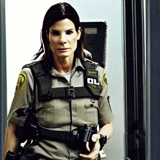 Image similar to Sandra bullock in resident evil 2 police station, tactical gear