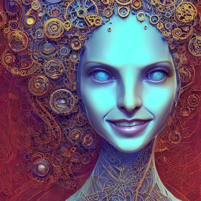 Image similar to beautiful smiling symmetrical face portrait android woman time machine axonometric mechanical fantasy intricate elegant highly detailed in volumetric void of latent space, lush flowers intricate jewellery, realm of the gods golden turquoise steampunk, axonometric high contrast cinematic light, mystical shadows, digital painting, sharp focus, octane render, photographic, concept art, artist leonardo davinci, unreal engine 8 k