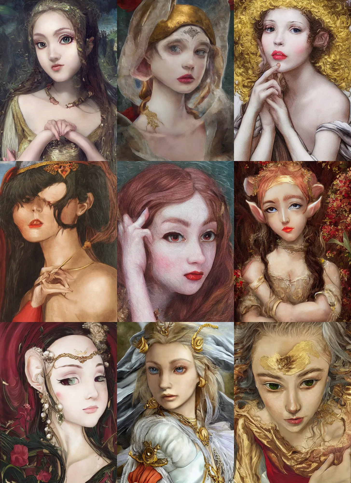 Prompt: renaissance painting anime character, elf girl with soft white skin and gold eyes, flattering hair, golden jewelry on red lips, hyper detailed