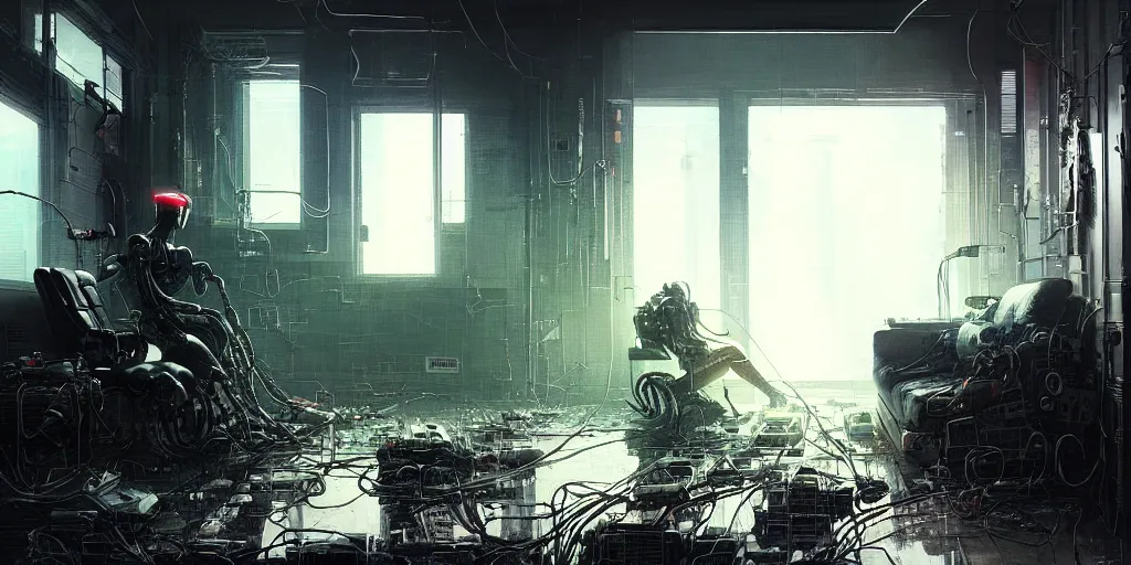 Image similar to a cyborg sitting on the floor, inside an old apartment, cybernetic parts and wires and cables scattered across the floor, dystopian aesthetics, cyberpunk, detailed oil painting, misty, cinematic, dramatic lighting, ominous, by ilya kuvshinov and ruan jia and jeremy mann